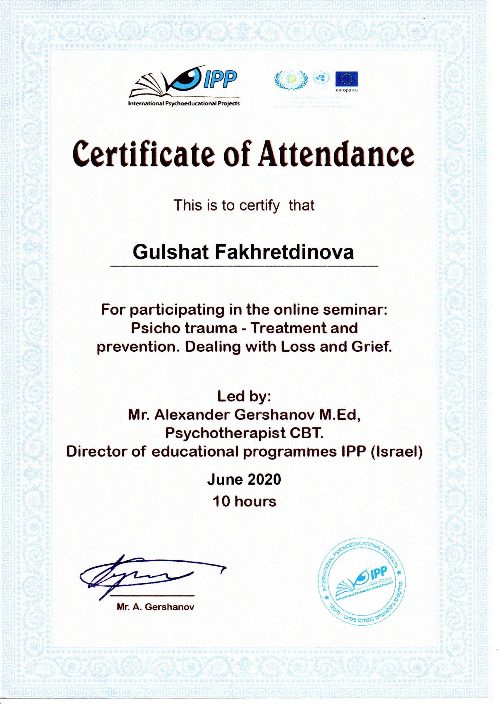 Сертификат. Director of educational programmes IPP (Israel)